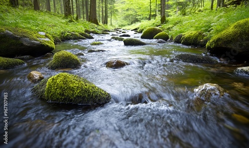 A serene stream flows gently through a lush green forest, surrounded by mossy rocks and vibrant vegetation in the early morning light