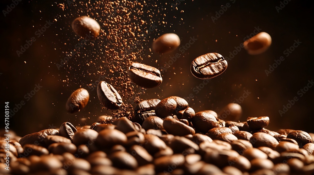 Coffee beans, roasted, falling onto a pile, close-up shot, brown backdrop. Coffee beans, roasted, falling onto a pile, close-up shot, brown backdrop.