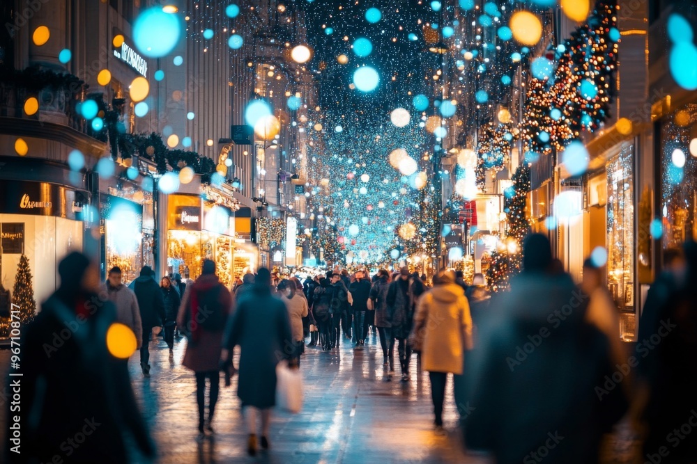 Blurry People Walking Through a City Street at Night with Christmas Lights Blurry People Walking Through a City Street at Night with Christmas Lights