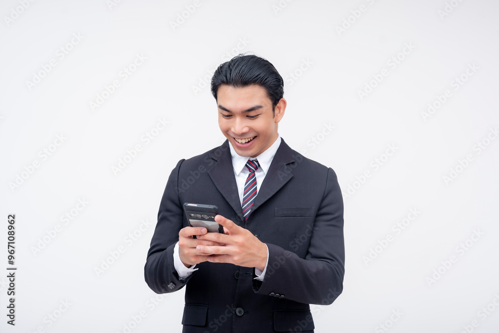 A young asian business executive chatting on his cellphone and smiling. Using a messaging app. Isolated on a white background. A young asian business executive chatting on his cellphone and smiling. Using a messaging app. Isolated on a white background.