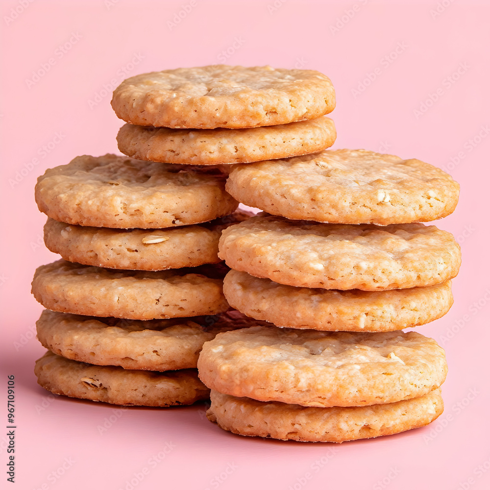 Stack of Delicious Oatmeal Cookies on Pink Stack of Delicious Oatmeal Cookies on Pink