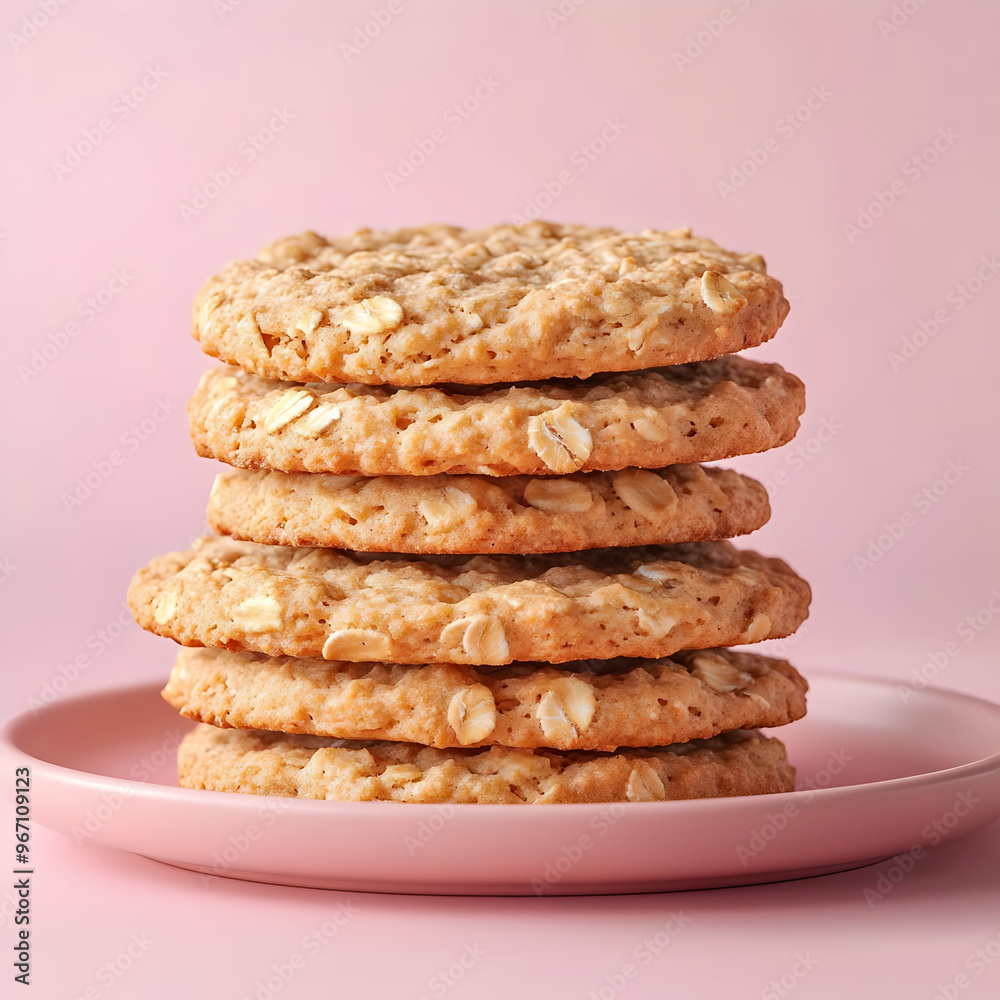 Stack of Delicious Oatmeal Cookies on Pink Stack of Delicious Oatmeal Cookies on Pink