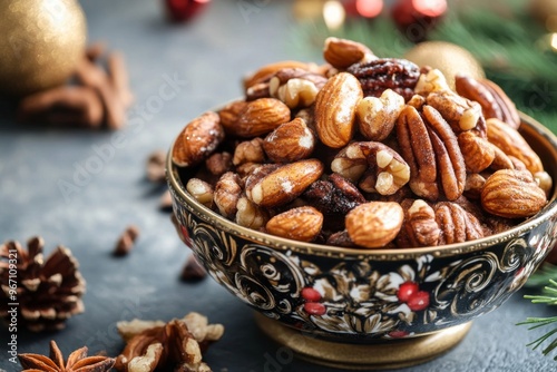 Bowl of Sweet and Savory Nuts with a Holiday Theme