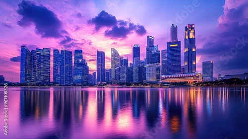 Stunning urban skyline at sunset with vibrant colors, reflecting on calm water, showcasing modern architecture and serene atmosphere.