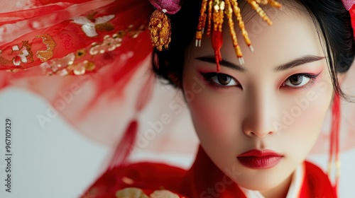 Close-up Portrait of a Woman in Traditional Red Chinese Clothing