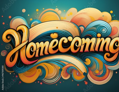 Word ‘Homecoming’ written in stylized retro bubble script lettering