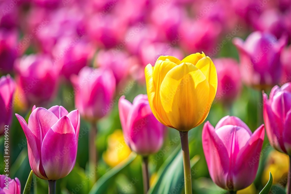 Fototapeta premium Yellow tulip standing out among pink tulips at a tilted angle