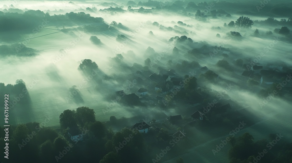 Fototapeta premium Aerial view of a misty village landscape with trees and fog in the early morning light.