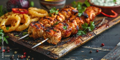 Flavorful chicken shish kebab presented on a rustic wooden board accompanied by golden onion rings and fresh parsley Indulge in this enticing dish to satiate your cravings