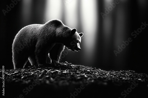 Black and white silhouette of a bear standing in a forest, capturing the essence of wilderness and nature's beauty. photo