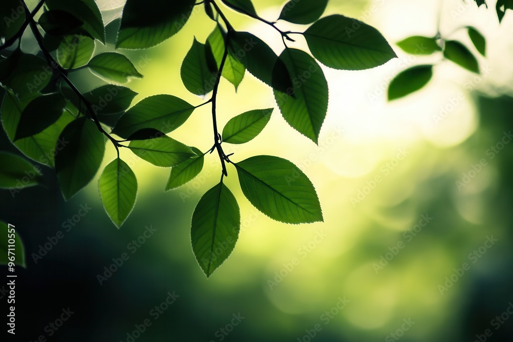 Fototapeta premium Close-up of vibrant green leaves against a soft, blurred background, showcasing nature's tranquility and beauty.