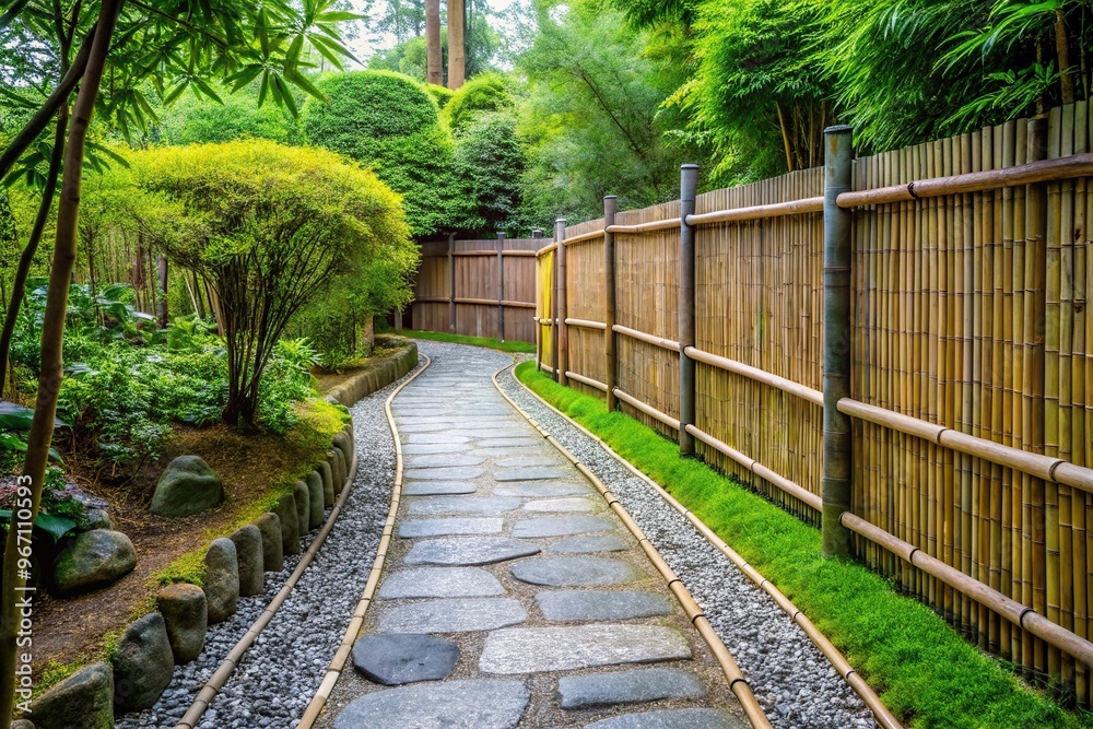 Zen garden with stone path and bamboo fence Zen garden with stone path and bamboo fence