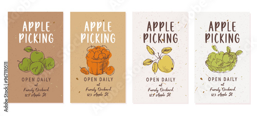 Apple picking card design, decorated with hand drawn doodle drawings of fresh ripe apples