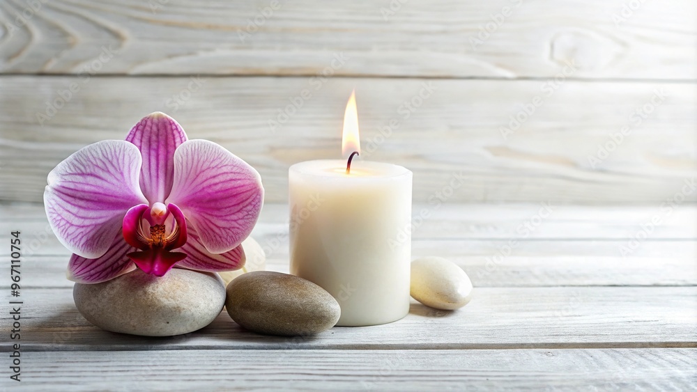 Zen stone candle and orchid flower on white background top view Zen stone candle and orchid flower on white background top view