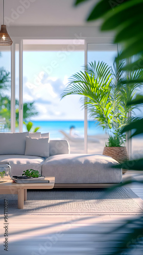 Serene Coastal Living Room with Ocean View  Sofa  and Plants