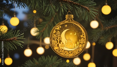 A Eid or Ramzan ornament with a blue moon and a yellow star on it