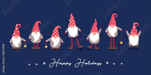 christmas greeting card with cute christmas dwarf in winter vector illustration