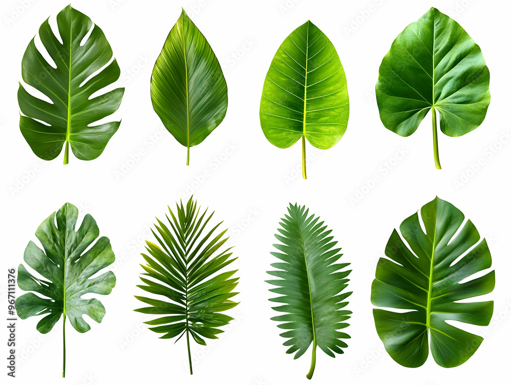 Tropical Green Leaves, Monstera, and Palm Fronds on White Background Tropical Green Leaves, Monstera, and Palm Fronds on White Background