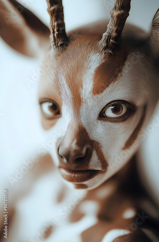 Portrait of a Person with Vitiligo in Hyperrealistic Anatomy Style with Feathers and Fawn Fur

 photo