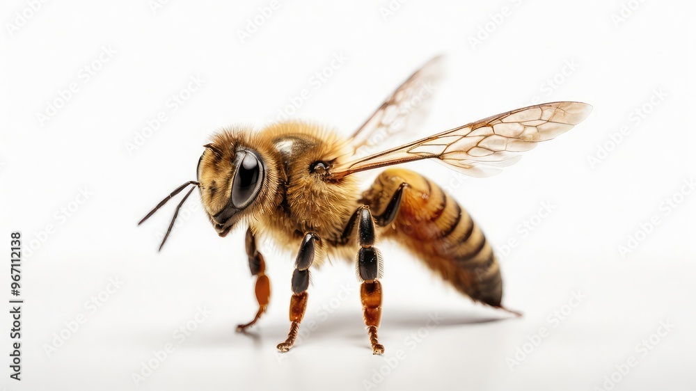 A honey bee flying isolated against a clean white background A honey bee flying isolated against a clean white background