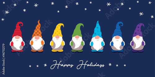 christmas greeting card with cute christmas dwarf in winter vector illustration