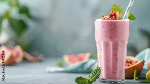 A refreshing guava smoothie with yogurt and honey in a tall glass.