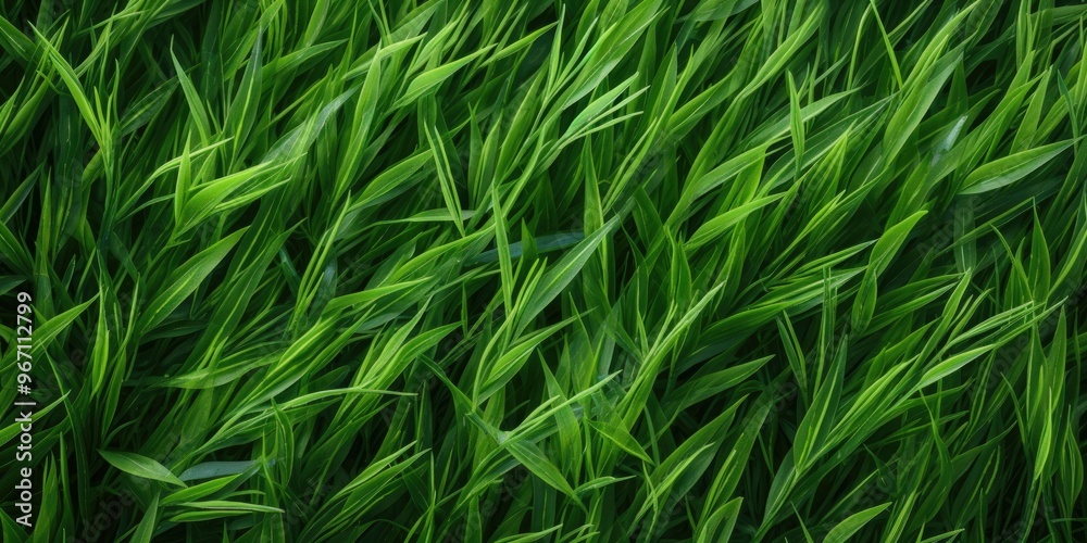 Lush green grass meadow close-up texture flat lay background