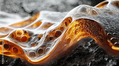 A close-up of an abstract liquid sculpture, showcasing the intricate details and textures of the flowing material, capturing its ephemeral beauty. photo