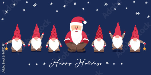 christmas greeting card with cute christmas dwarf and santa claus vector illustration