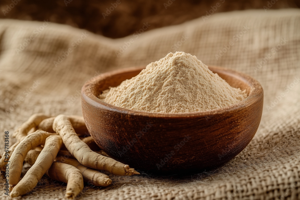 Ashwagandha powder in a wooden bowl standing on a brown canvas cloth with ashwagandha roots Ashwagandha powder in a wooden bowl standing on a brown canvas cloth with ashwagandha roots