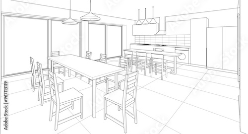 interior kitchen living room 3d illustration 