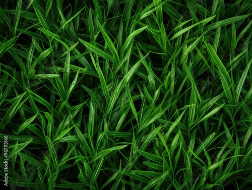 Lush green grass meadow close-up texture flat lay background