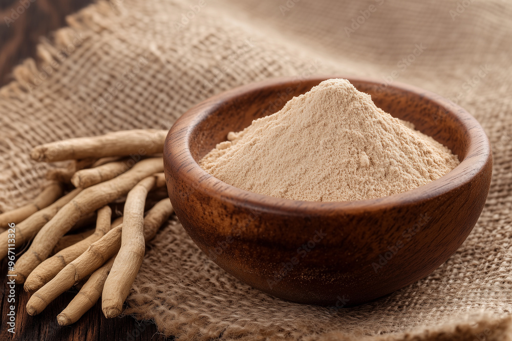 Ashwagandha powder in a wooden bowl standing on a brown canvas cloth with ashwagandha roots Ashwagandha powder in a wooden bowl standing on a brown canvas cloth with ashwagandha roots