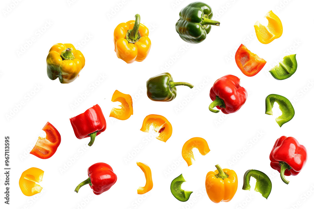 Falling bell peppers with green, yellow and red color isolated on white or transparent background Falling bell peppers with green, yellow and red color isolated on white or transparent background