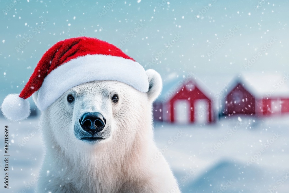 Polar Bear Wearing Santa Hat in Snowy Landscape