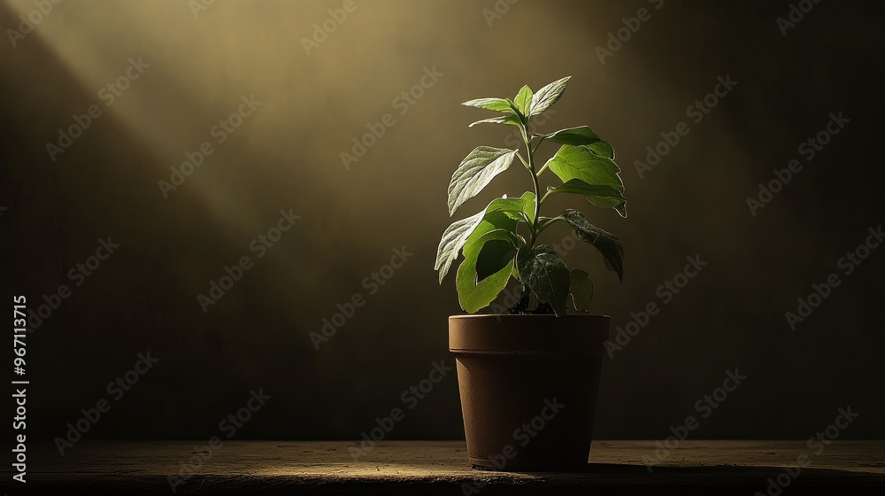 A Single Plant in a Terracotta Pot Bathed in Sunlight A Single Plant in a Terracotta Pot Bathed in Sunlight