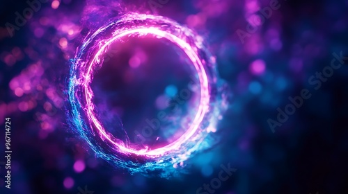 A glowing neon ring of pink and blue light, with a blurred background of pink and blue bokeh.