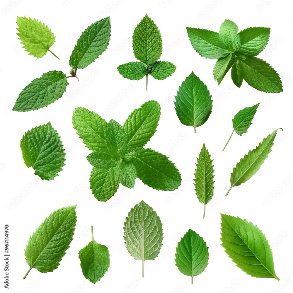 A variety of fresh green mint leaves arranged on a transparent background, showcasing different shapes and sizes in natural daylight A variety of fresh green mint leaves arranged on a transparent background, showcasing different shapes and sizes in natural daylight