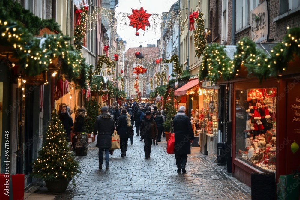 Festive Christmas Market Street Scene with Shoppers Festive Christmas Market Street Scene with Shoppers