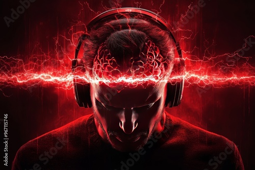 Bio cybernetic neuro acoustics sensory transduction and neuroarchitecture abstract man with headphones surrounded by vibrant sound waves visualizing auditory stimulation photo