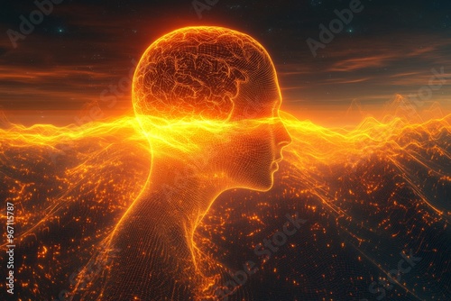 Cognitive exhalation cognitive impulses cognitive resonance and holographic memory person with glowing energy emitting from head visualizing mental clarity and cognitive expansion photo