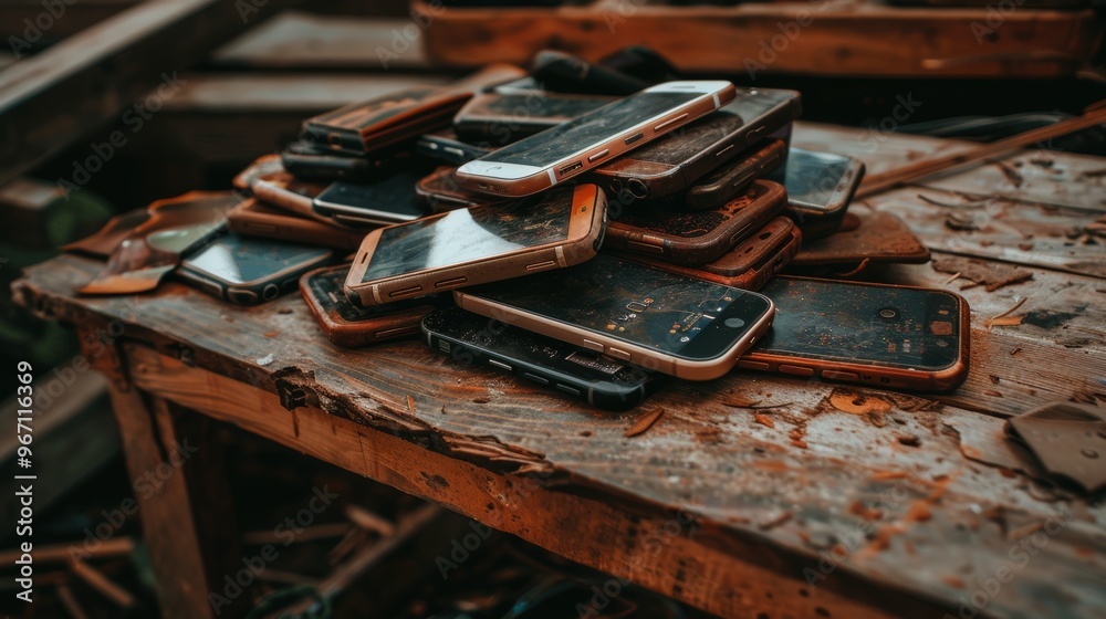 Pile of Old, Broken Smartphones on Rustic Wooden Table Concept of E-Waste and Environmental Damage. Pile of Old, Broken Smartphones on Rustic Wooden Table Concept of E-Waste and Environmental Damage.