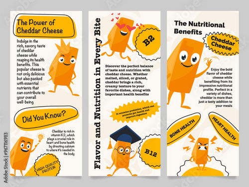 Brochures that explain the nutritional benefits and delicious taste of Cheddar cheese with interesting facts and healthy eating tips.