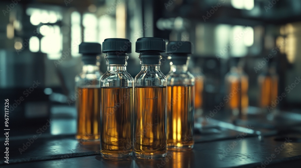 Close-up of Glass Bottles Filled with Amber Liquid Close-up of Glass Bottles Filled with Amber Liquid