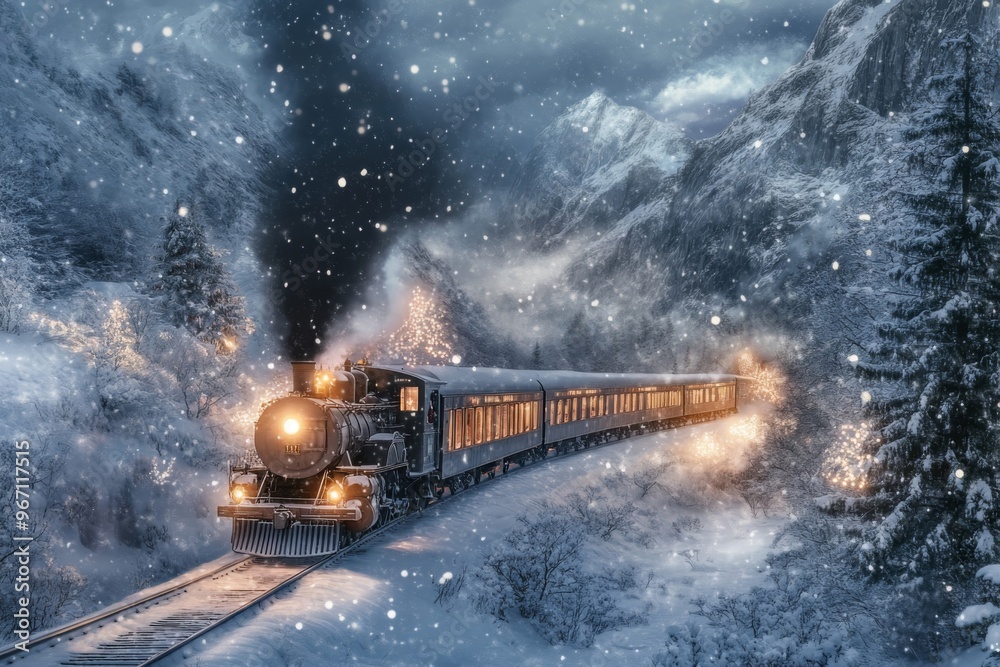 Steam Train Traveling Through Snowy Mountain Pass Steam Train Traveling Through Snowy Mountain Pass