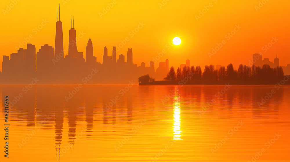 Obraz premium A city skyline is reflected in the water as the sun sets