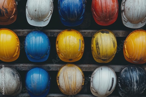 A Row of Colorful Hard Hats Hanging on a Wall photo