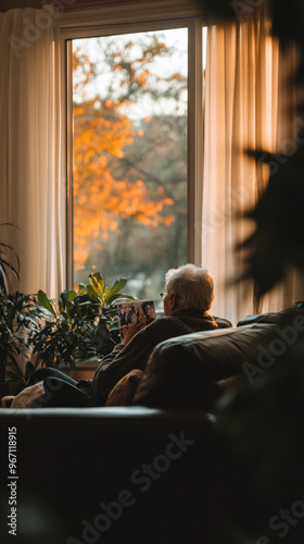 A man is sitting on a couch in front of a window. He is reading a book and drinking coffee. The room is decorated with plants and has a cozy atmosphere