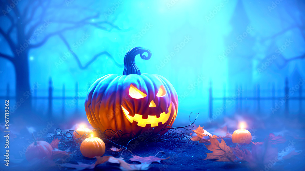 Naklejka premium Background for Halloween party, full moon in autumn forest,