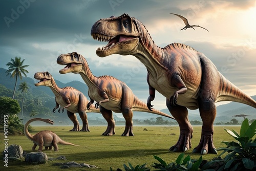 Dinosaurs Roaming the Triassic Expanse with Brachiosaurus Amidst Lush Historical Terrain